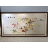 Large framed Chinese silk embroidery on ivory silk depicting dragons, approx 164cm x 83cm