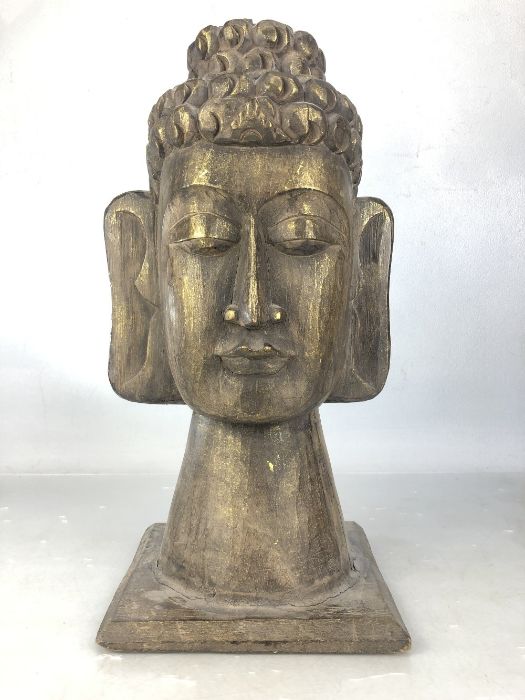 Three decorative wooden Eastern items to include carved head, approx 43cm in height, one A/F - Image 2 of 7