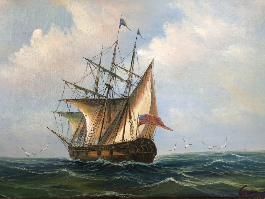 Oil on canvas of sailing ship at sea with seagulls, approx 39cm x 29cm, painting signed lower - Image 2 of 4