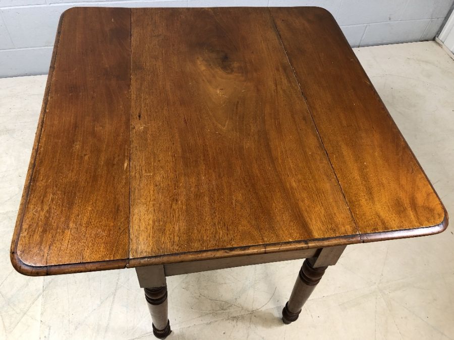 Mahogany drop leaf table on turned legs with original castors and hidden drawer, approx 90cm x - Image 9 of 10