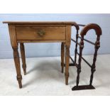Small pine hall table with drawer and a wooden towel rail