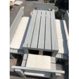 Large contemporary wooden garden table with four bench seats in grey painted finish, benches with