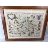 Framed antique hand coloured map of Surrey, double sided, approx 56cm x 47cm