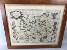Framed antique hand coloured map of Surrey, double sided, approx 56cm x 47cm