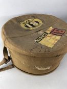 Vintage canvas hat box with wicker lining and travel labels for the British India Line (First
