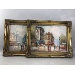 Pair of oils on canvas of Parisian street scenes by BURNETT, signed and in gilt frames, approx