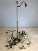 Collection of light fittings to include brass desk lamp, brass standard lamp etc