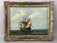 Oil on canvas of sailing ship at sea with seagulls, approx 39cm x 29cm, painting signed lower