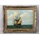 Oil on canvas of sailing ship at sea with seagulls, approx 39cm x 29cm, painting signed lower