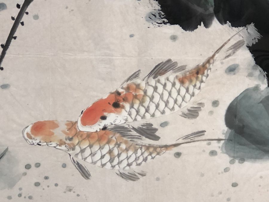 Very large framed Oriental / Chinese painting on silk of Koi Carp, approx 142cm x 74cm - Image 3 of 4