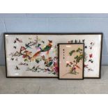 Two framed Oriental / Chinese hand-embroidered pictures, both of birds, the larger approx 104cm x