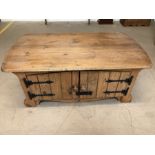 Pine coffee table with cupboard storage under, approx 120cm x 67cm x 48cm tall