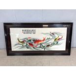 Large framed Oriental / Chinese silk embroidery of Koi Carp, approx 101cm x 44cm (inside mount)