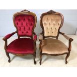 Pair of upholstered bedroom chairs, one fawn and the other burgundy