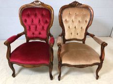 Pair of upholstered bedroom chairs, one fawn and the other burgundy