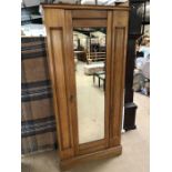 Small satinwood wardrobe with mirrored door, approx 88cm x 42cm x 192cm tall