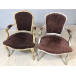 Pair of upholstered and painted bedroom chairs, one cream, one silver