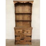Narrow pine kitchen dresser with two shelves, two drawers and cupboard under, approx 78cm x 41cm x
