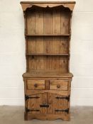 Narrow pine kitchen dresser with two shelves, two drawers and cupboard under, approx 78cm x 41cm x