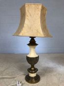 Brass and ceramic table lamp and shade, lamp approx 67cm tall