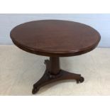 Circular mahogany breakfast table on pedestal base approx 102cm in diameter