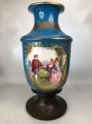 Sevres marked with initials L & S, large brass pedestal base vase, painted with pastoral and