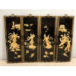 Set of four Oriental black lacquered and mother of pearl inlaid panels, each with figures and