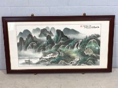 Large framed Oriental / Chinese ink and watercolour on rice paper of a mountainous scene, approx