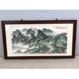 Large framed Oriental / Chinese ink and watercolour on rice paper of a mountainous scene, approx