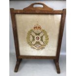 Military interest: Oak framed fire screen with embroidered 'Waterloo' panel, approx 69cm in height