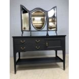 Wooden period painted dressing table with glass top, two drawers, cupboard and undershelf on brass