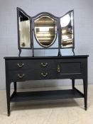 Wooden period painted dressing table with glass top, two drawers, cupboard and undershelf on brass