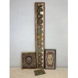 Collection of interesting framed tapestry to include a very long shield design with flowers,