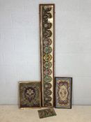 Collection of interesting framed tapestry to include a very long shield design with flowers,