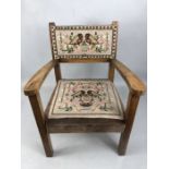 Antique child's chair with tapestry covered seat and back with bird design, approx 53cm in height at
