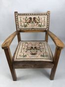 Antique child's chair with tapestry covered seat and back with bird design, approx 53cm in height at