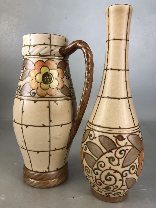 Two items of Bursley Ware Charlotte Rhead ceramics: a jug approx 23cm in height and a vase approx - Image 2 of 5