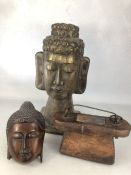 Three decorative wooden Eastern items to include carved head, approx 43cm in height, one A/F