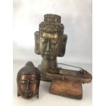 Three decorative wooden Eastern items to include carved head, approx 43cm in height, one A/F