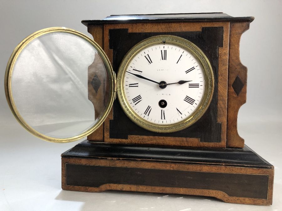 19th Century French mantel clock with enamel dial, in working order, approx 21cm in height - Image 8 of 8