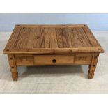 Rustic pine coffee table, approx 107cm x 76cm x 46cm tall