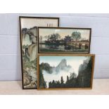 Three Oriental / Chinese embroideries of mountainous/temple scenes, the largest approx 84cm x 43cm