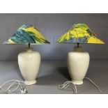 Pair of large crackle glazed lamps with hand-painted shades, approx 71cm in height