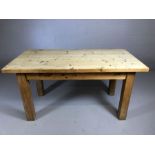Chunky pine table on square legs, approx 75cm x 152cm x 78cm tall
