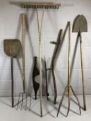 Collection of vintage farm / garden tools to include long handed rake, fork, shovel etc