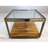 Mid Century style glass and metal framed square coffee table on wheels, approx 55cm x 55cm x 41cm