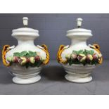 Pair of extra large majolica lamp bases decorated with pears, apples and pomegranates, approx 50cm