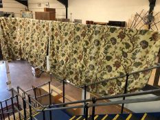 Quantity of textiles: Six tapestry curtains / panels with floral design on cream background,