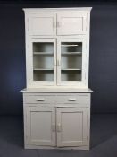 White painted pine kitchen dresser with drawers and cupboards under, glass cabinets and solid