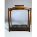 Hall oak stick / umbrella stand with metal drip trays and box with lid, approx 61cm x 23cm x 74cm